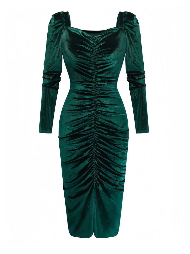 Green 1960s Velvet Ruched Long Sleeve Bodycon Dress