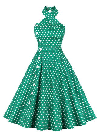 Green 1950s Polka Dot Halter Dress