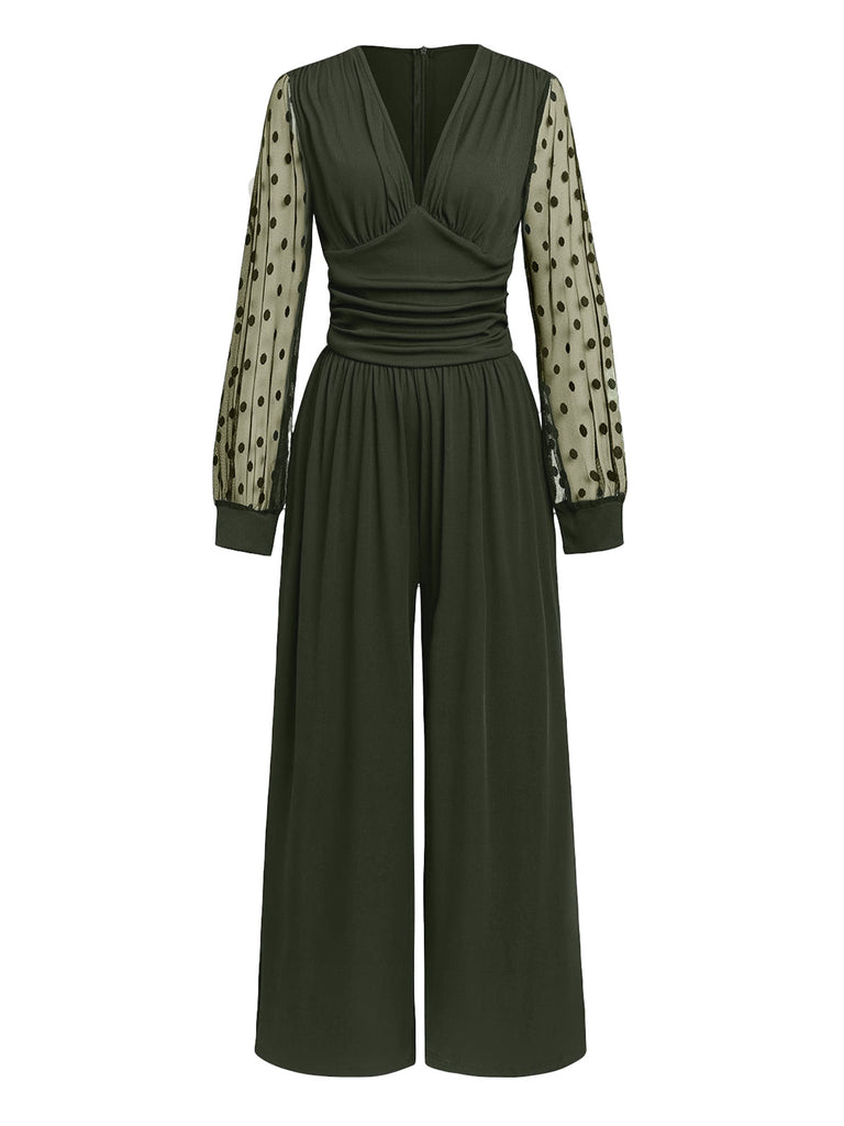 Olive Green 1950s V-Neck Sheer Polka Dot Sleeve Jumpsuit