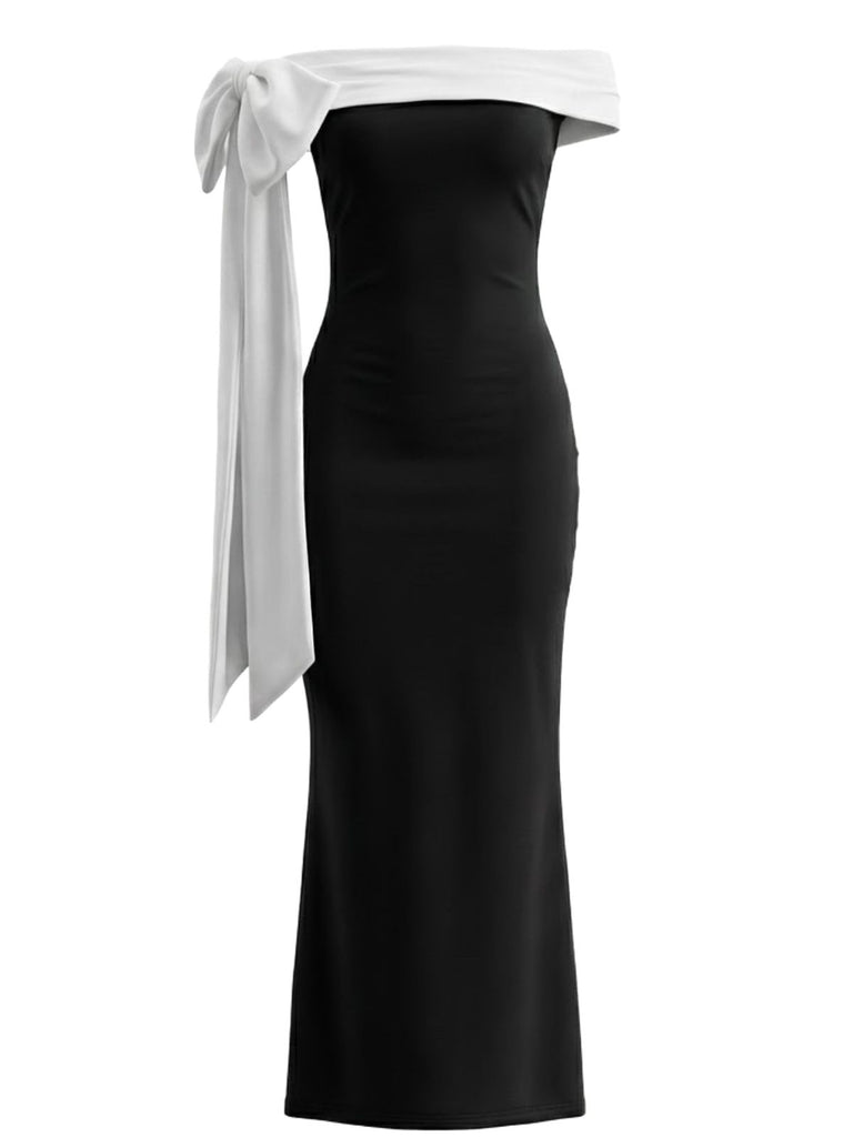 1930s Solid Off-Shoulder Tie Bodycon Maxi Dress
