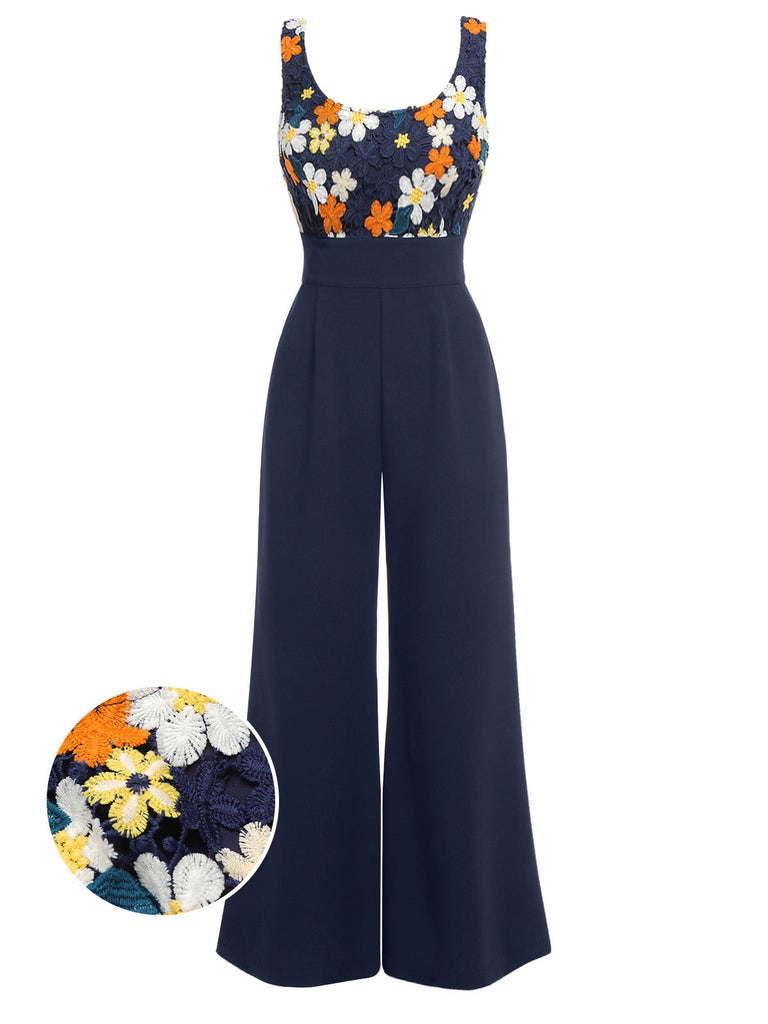 [US Warehouse] Navy Blue 1940s Flower Embroidery Jumpsuit