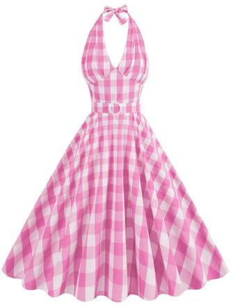 1950s Halter Plaid Belted Swing Dress