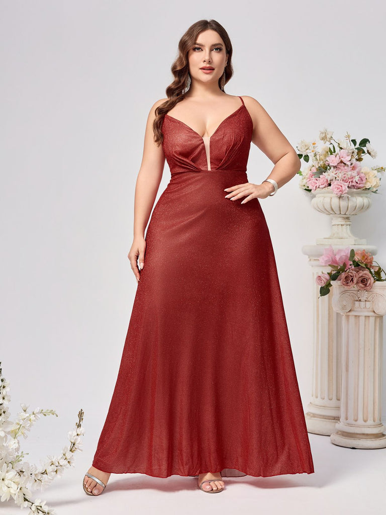 [Plus Size] Burgundy Glitter Spaghetti Strap Backless Maxi Dress
