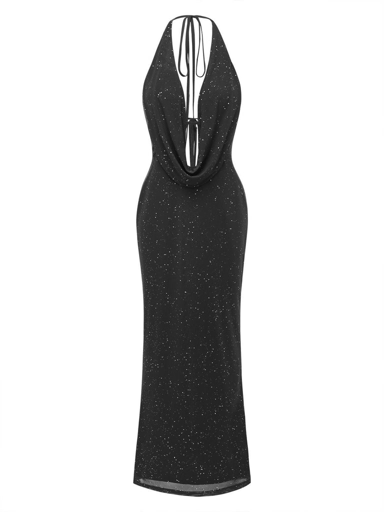 1980s Backless Cowl Glitter Halter Slit Maxi Dress