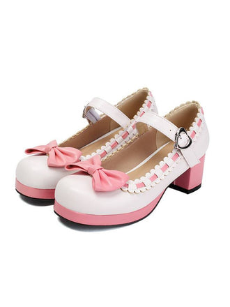 Chunky Heel Two Tone Bow Marry Jane Shoes