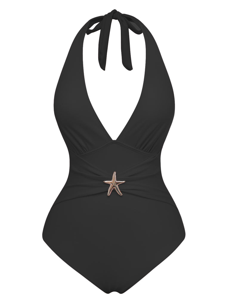 2PCS 1940s Deep V Halter Starfish One-Piece Swimsuit & Cover-Up