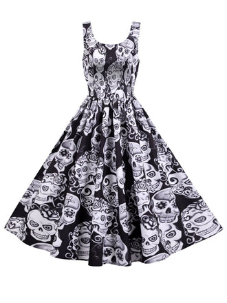 1950s Halloween Skull Sleeveless Swing Dress