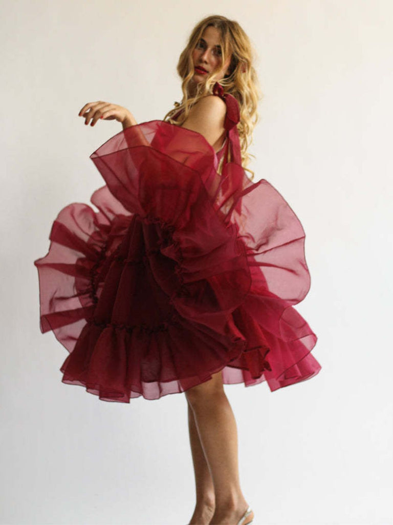 1950s Solid Multi-Layered Ruffle Tulle Dress