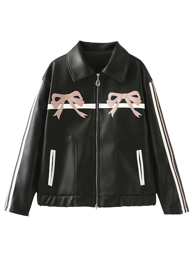 Black 1970s Leather Bow Lapel Jacket