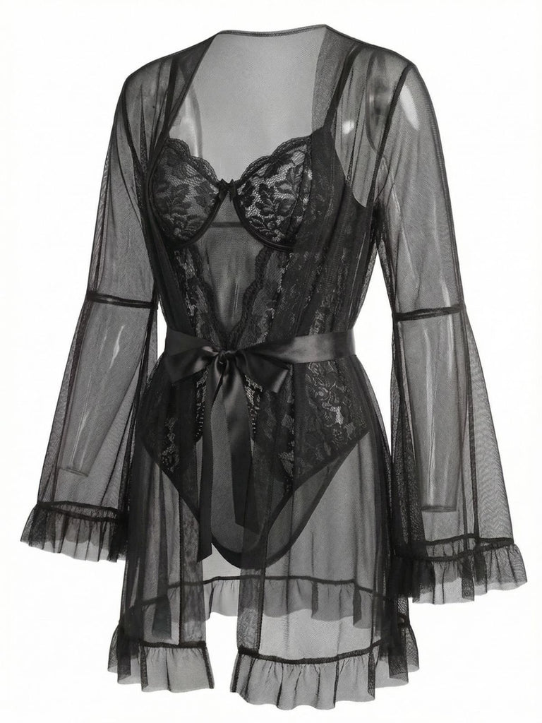 Red 1960s Solid Sheer Lace Patchwork Sleepwear Set