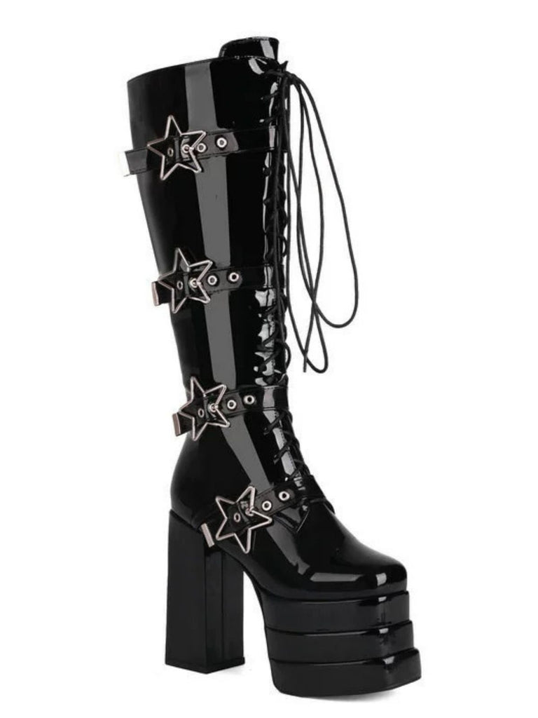 Black Star Button Gothic Platform High Heels Boots