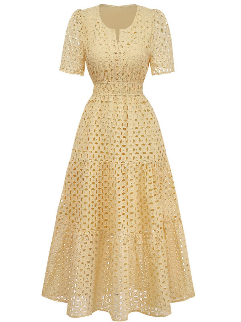 Yellow 1940s Eyelet Lace V-neck Tiered Maxi Dress