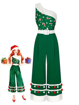 Green 1950s Christmas One Shoulder Fur Ball Belted Jumpsuit
