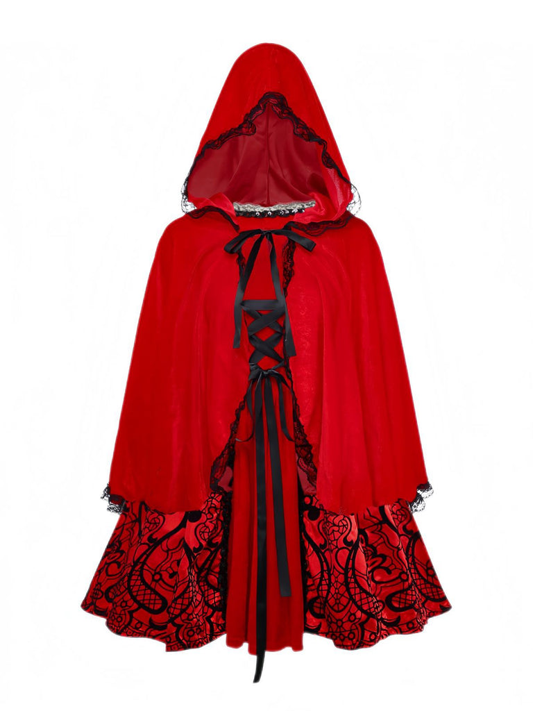 Red 1980s Velvet Lace Sequined Strapless Dress & Cape