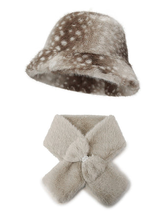 Plush Deer-Print Bucket Hat & Scarf Set