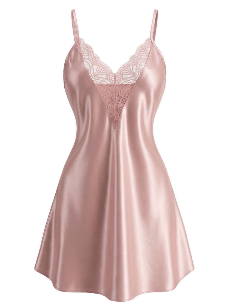 1960s Lace V-Neck Solid  Spaghetti Strap Nightgown