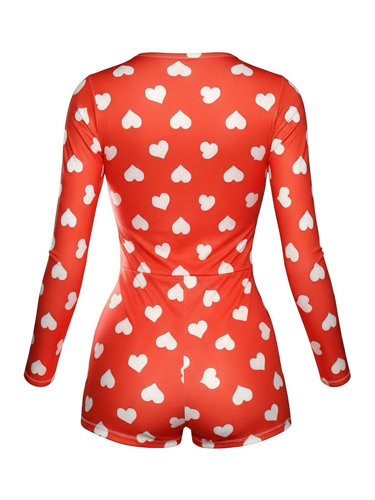1980s V-Neck Heart Slip Print Romper Pajama