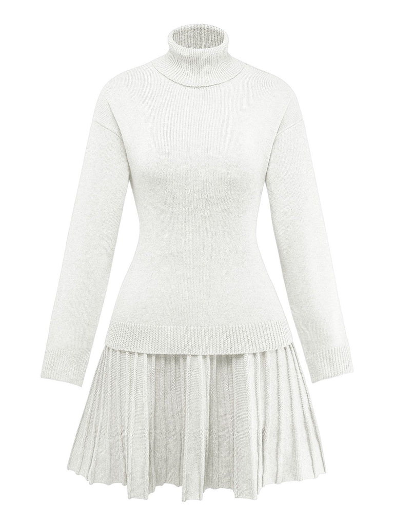 2PCS 1960s Knit Turtleneck Sweater & Pleated Skirt