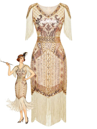 1920s Sequin Fringe Flapper V-Neck Dress