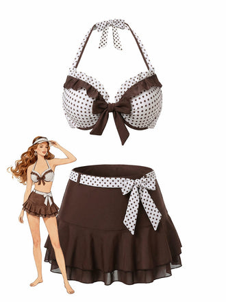 [Pre-Sale] Brown 1970s Polka Dot Ruffle Halter Skirt Swimsuit