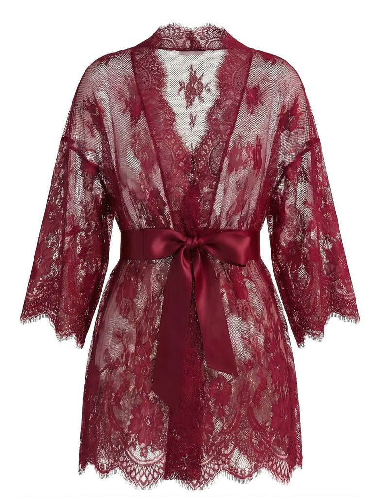 1960s Sexy Solid Lace Sheer Tie Loungewear