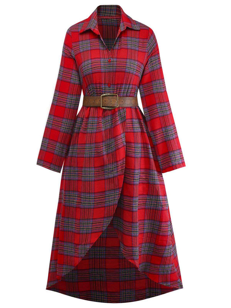 1940s Tartan Plaid Long Sleeve Belted Shirt Dress