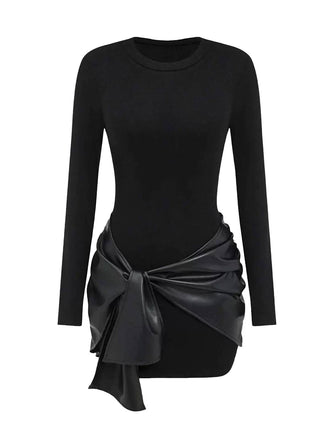 1980s Faux Leather Bow Long Sleeve Dress