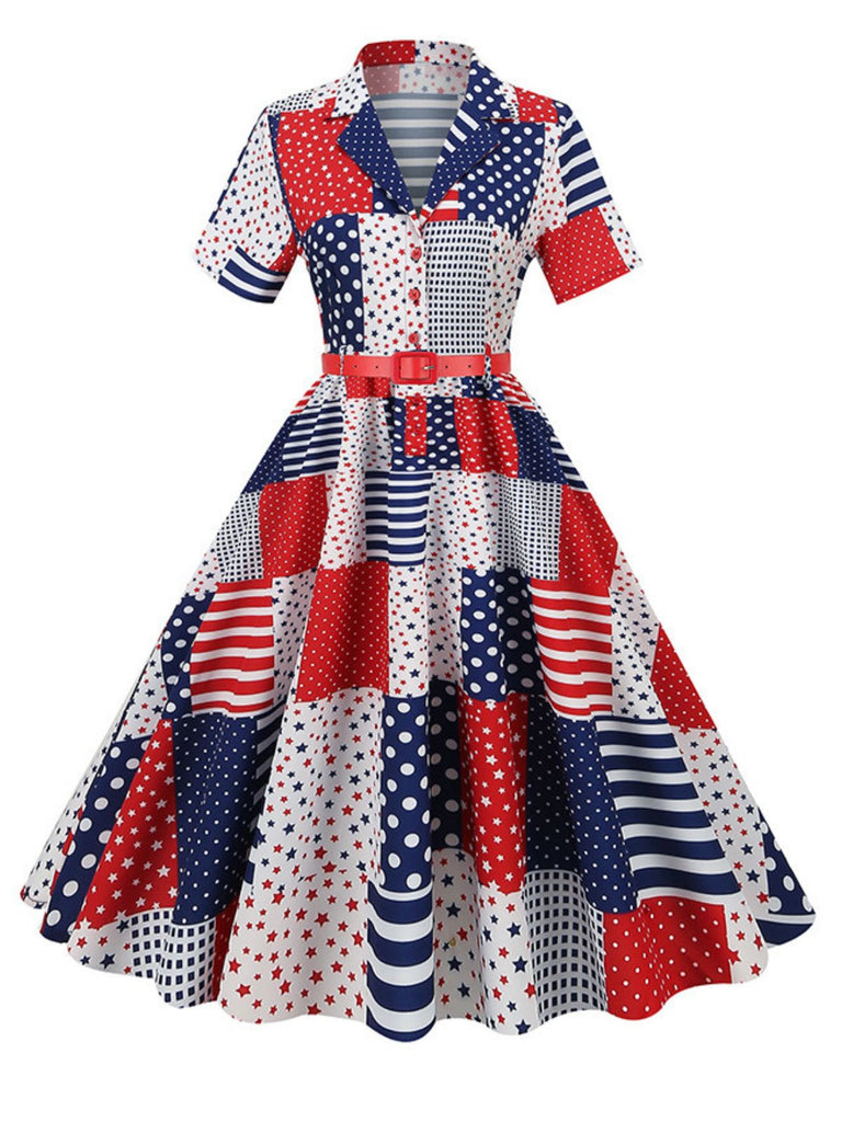 1950s Shirt Neck Stars Stripes Patchwork Dress