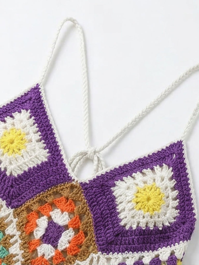 1980s Boho Irregular Print Hand Crochet Cover-Up Dress