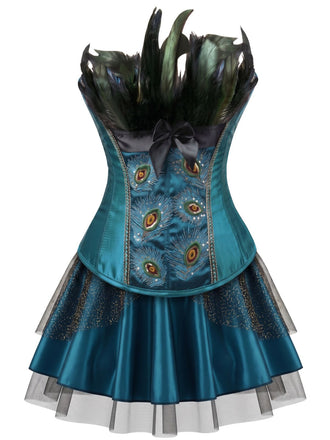 2PCS 1930s Peacock Feather Embroidered Corset & Mesh Pleated Skirt