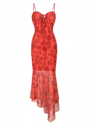 Red 1930s Spaghetti Strap Floral Dress