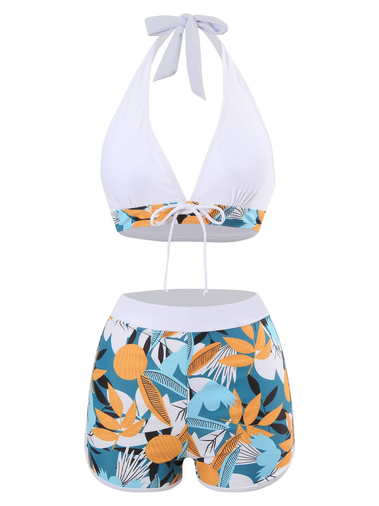 1970s V-Neck Tropical Plants Halter Swimsuit
