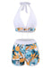 1970s V-Neck Tropical Plants Halter Swimsuit