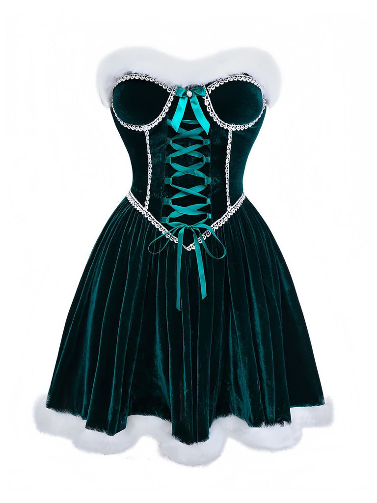 Green 1960s Velvet Fringe Strapless Mini Dress