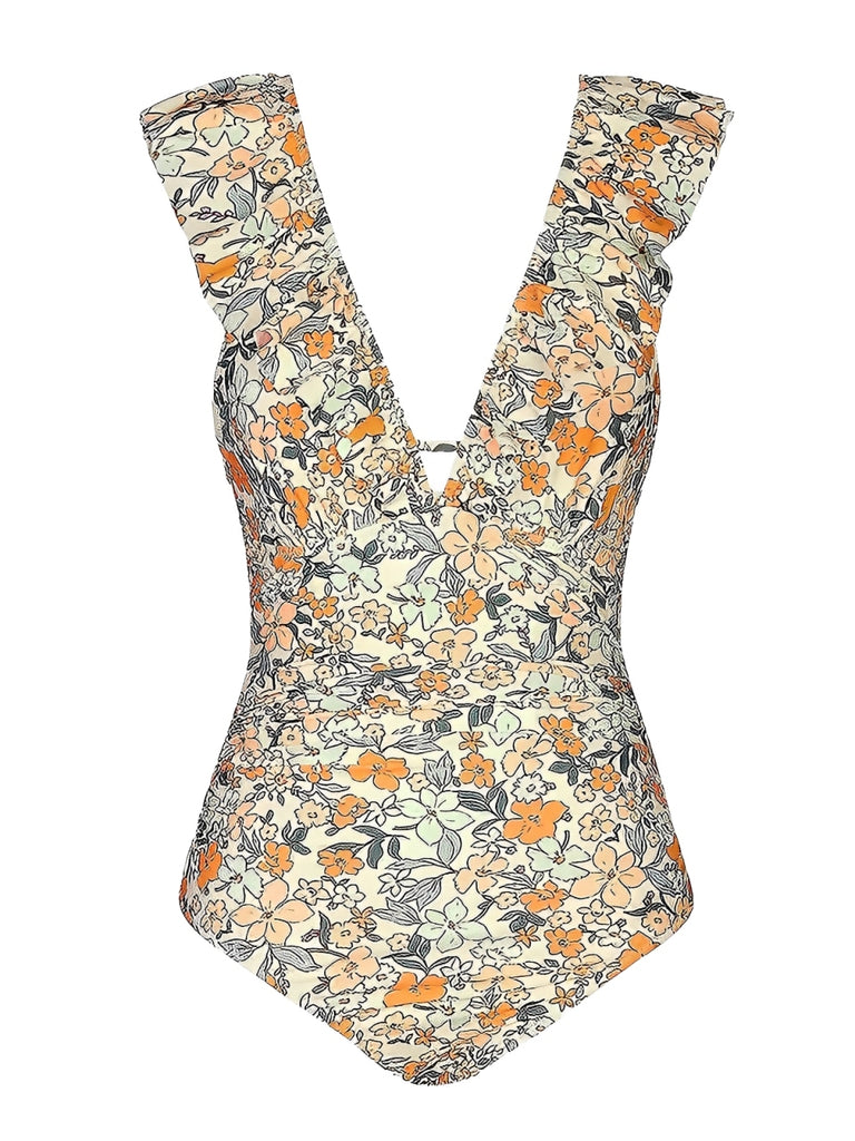 Multicolor 1950s Floral Ruffled Back Cut-Out Swimsuit