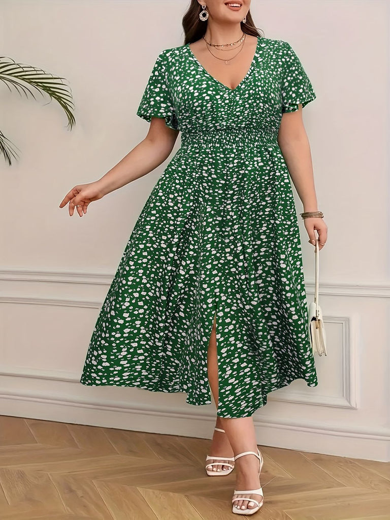 [Plus Size] Green 1940s V-Neck Ditsy Floral Dress