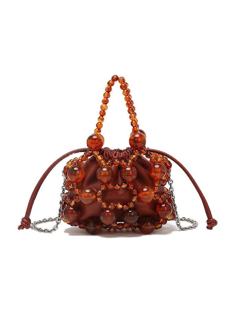 Metallic Beaded Drawstring Mini Bucket Bag