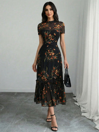 Black 1930s Floral Mesh Ruffle Midi Dress