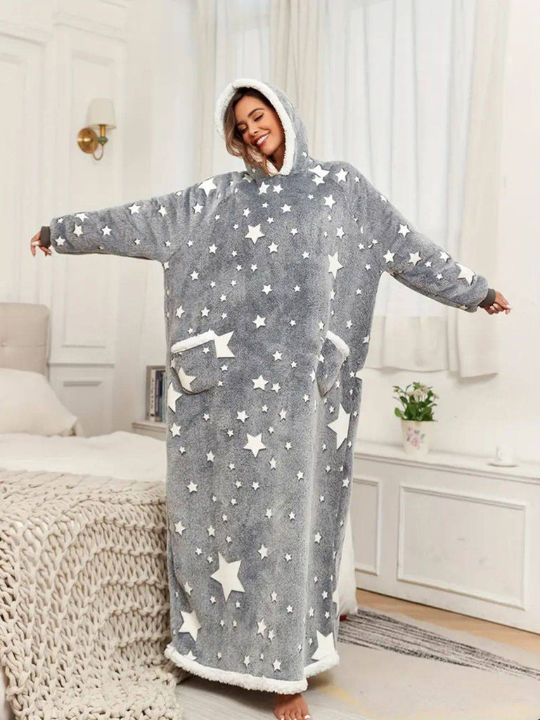 Gray 1970s Glow-In-Dark Star-Print Hooded Fleece Robe