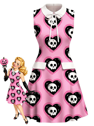[Pre-Sale] Pink 1960s Gothic Heart Skull Peter‑Pan Collar Dress