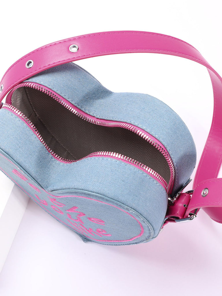 Vintage Denim Letter Embroidered Sling Heart Bag