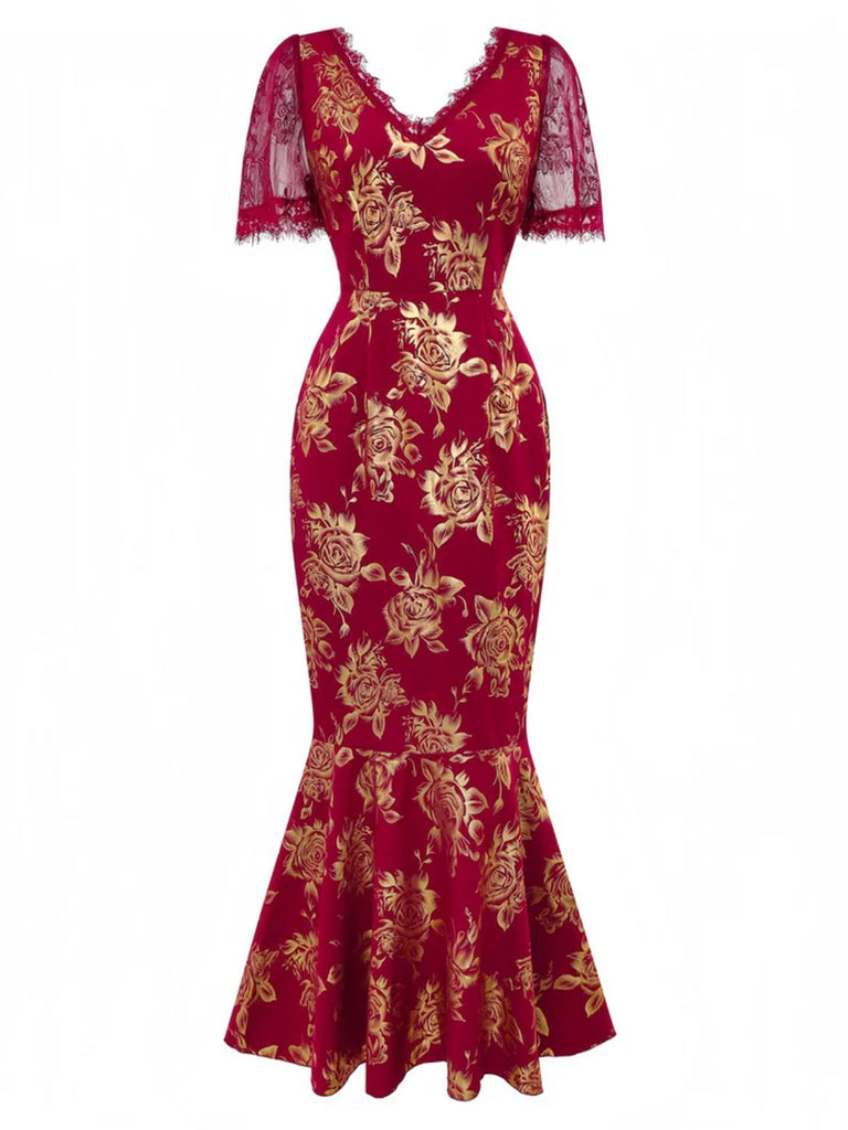 Red 1930s V-Neck Gold Foil Floral Mermaid Sheer Dress