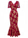 Red 1930s V-Neck Gold Foil Floral Mermaid Sheer Dress