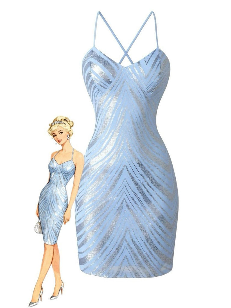 1920s Spaghetti Strap Sequin Chevron Backless Party Dress