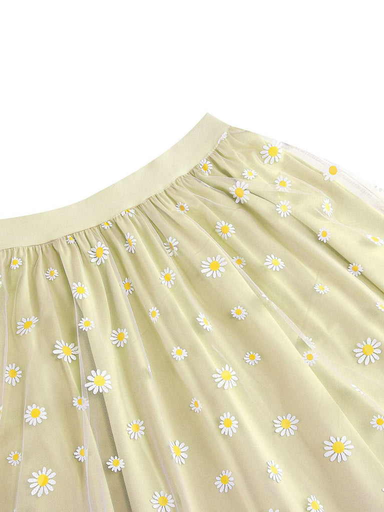 1940s Daisy Mesh High Waist A-Line Skirt