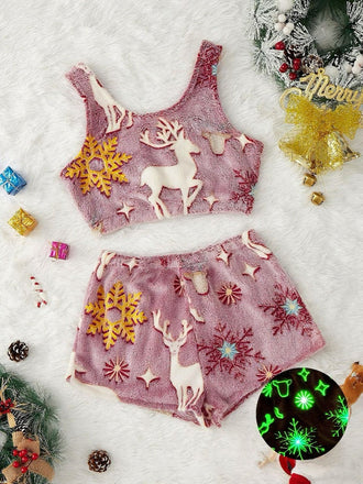 2PCS 1970s Glowing Colorful Print Flannel Pajama Set