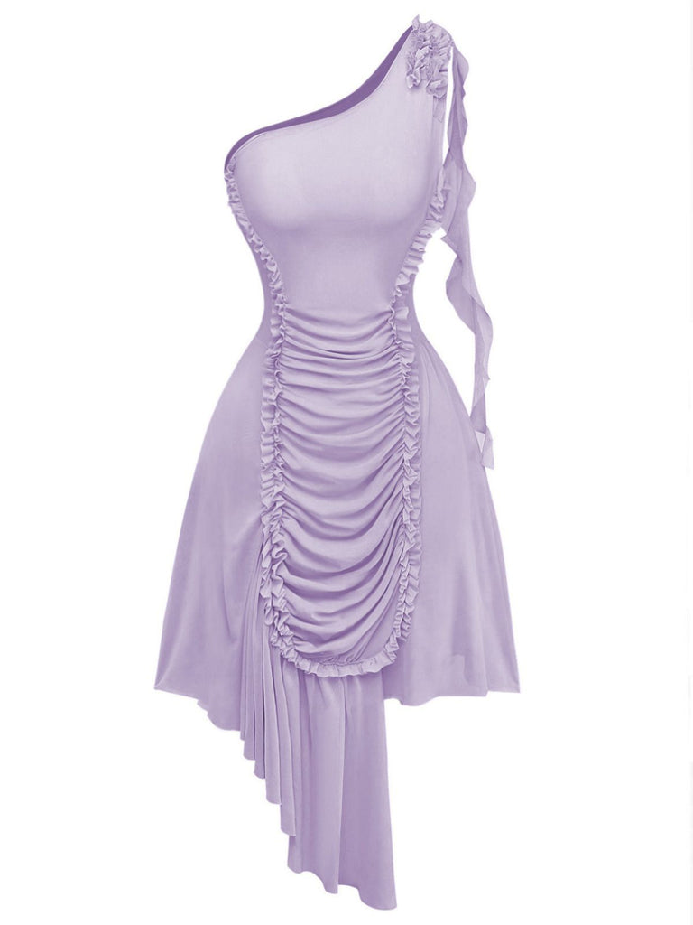 Purple 1970s Mesh One-Shoulder Ruffled Asymmetrical Dress