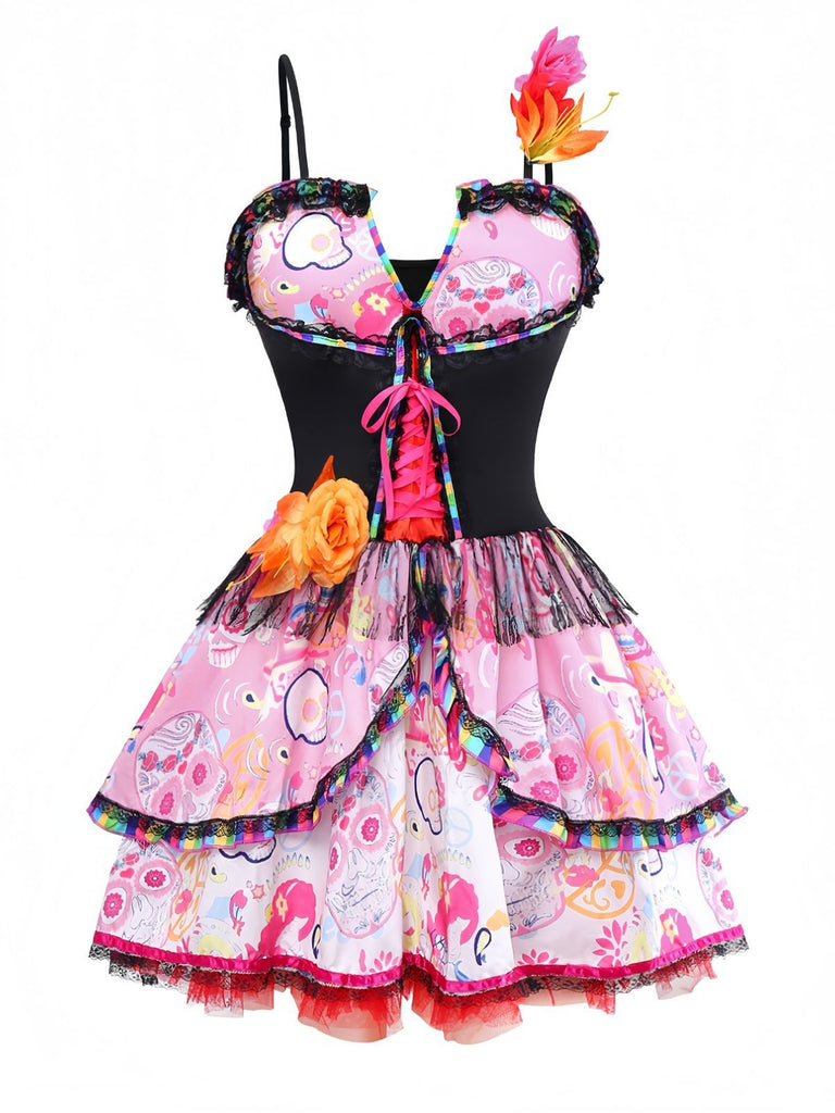 1970s Rainbow Halloween Print Vampire Bride Dress