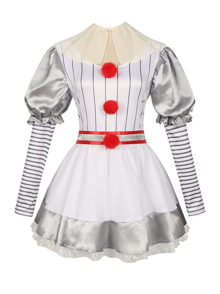 Silver 1960s Halloween IT Pennywise Striped Puff Sleeve Puffy Dress