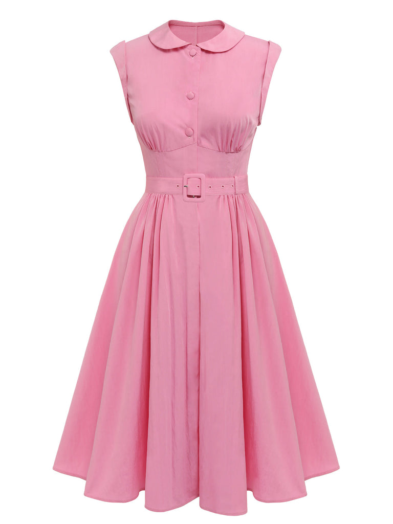 Pink 1940s Doll Collar Solid Dress